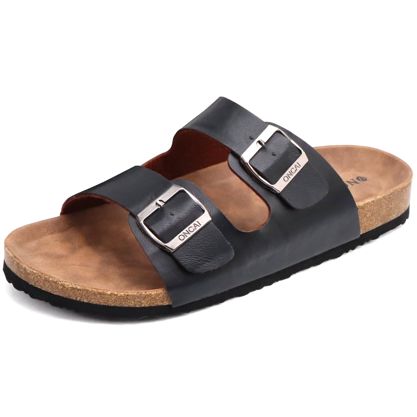 ONCAI Herren-Hausschuhe-Pantoletten-Schlappen-Sommerschuhe Flache Sandalen schieben und Sommer Drinnen und Draußen Kork-Sandalen Mit Verstellbarer Rieme Schwarz EU Größe 47
