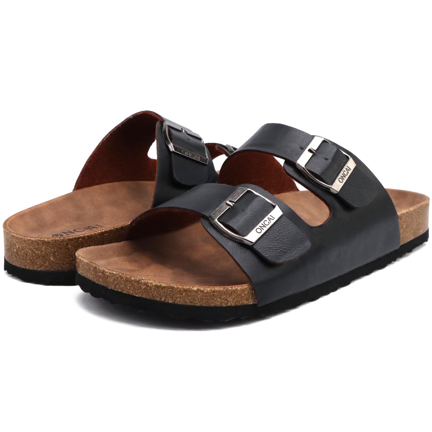 ONCAI Herren-Hausschuhe-Pantoletten-Schlappen-Sommerschuhe Flache Sandalen schieben und Sommer Drinnen und Draußen Kork-Sandalen Mit Verstellbarer Rieme Schwarz EU Größe 47