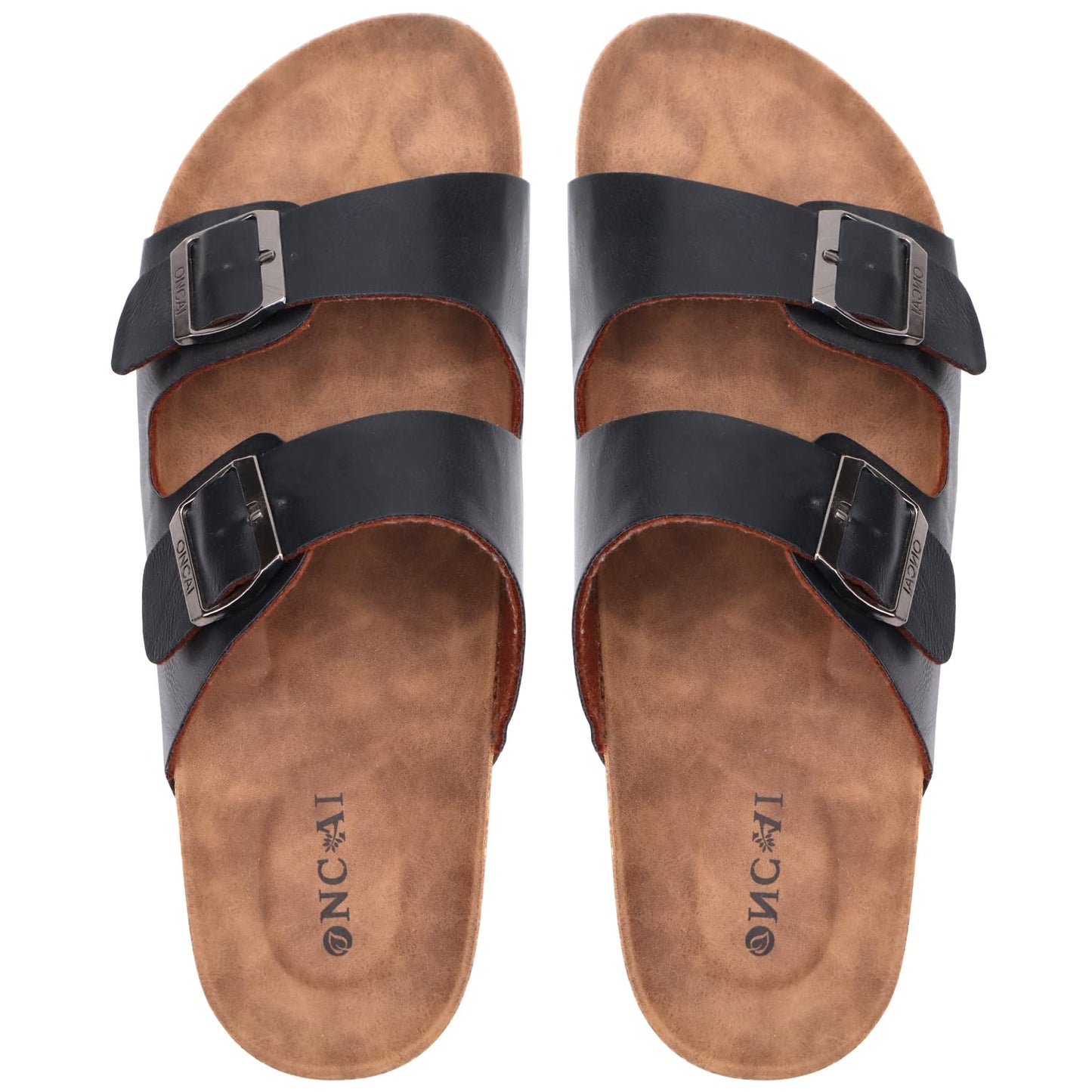 ONCAI Herren-Hausschuhe-Pantoletten-Schlappen-Sommerschuhe Flache Sandalen schieben und Sommer Drinnen und Draußen Kork-Sandalen Mit Verstellbarer Rieme Schwarz EU Größe 47