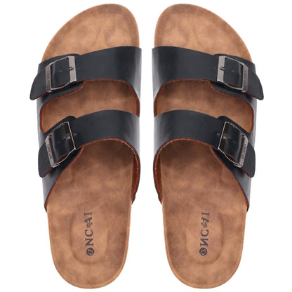 ONCAI Herren-Hausschuhe-Pantoletten-Schlappen-Sommerschuhe Flache Sandalen schieben und Sommer Drinnen und Draußen Kork-Sandalen Mit Verstellbarer Rieme Schwarz EU Größe 47