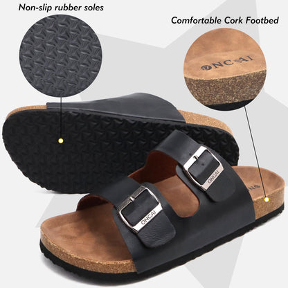 ONCAI Herren-Hausschuhe-Pantoletten-Schlappen-Sommerschuhe Flache Sandalen schieben und Sommer Drinnen und Draußen Kork-Sandalen Mit Verstellbarer Rieme Schwarz EU Größe 47