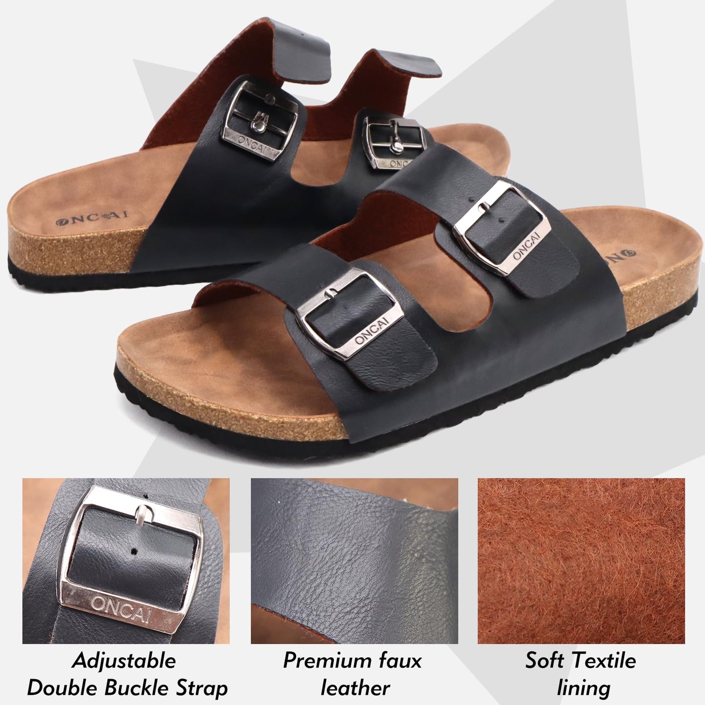 ONCAI Herren-Hausschuhe-Pantoletten-Schlappen-Sommerschuhe Flache Sandalen schieben und Sommer Drinnen und Draußen Kork-Sandalen Mit Verstellbarer Rieme Schwarz EU Größe 47