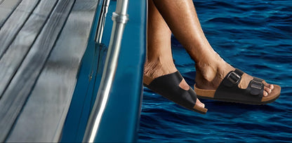 ONCAI Herren-Hausschuhe-Pantoletten-Schlappen-Sommerschuhe Flache Sandalen schieben und Sommer Drinnen und Draußen Kork-Sandalen Mit Verstellbarer Rieme Schwarz EU Größe 47